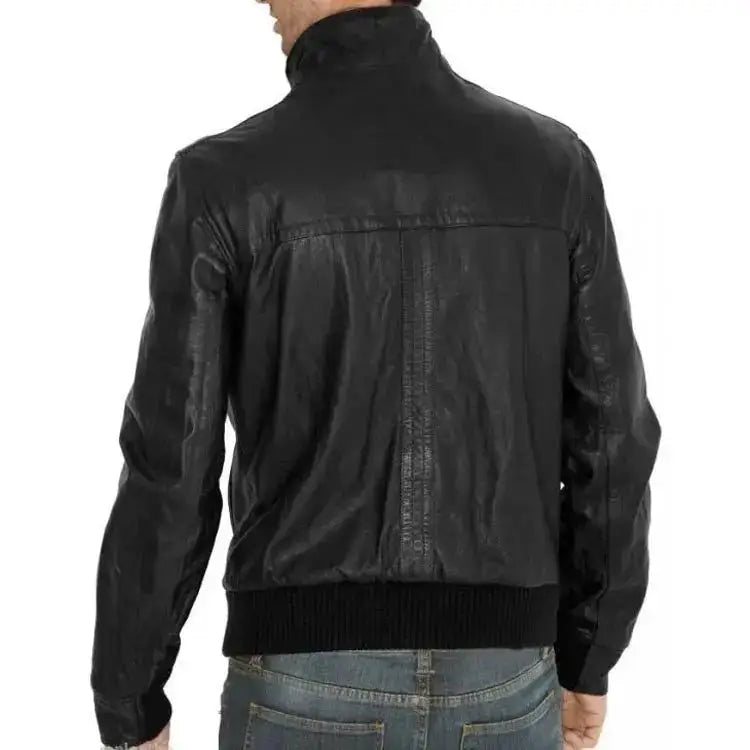 Men's Black Fitted Leather Bomber Jacket