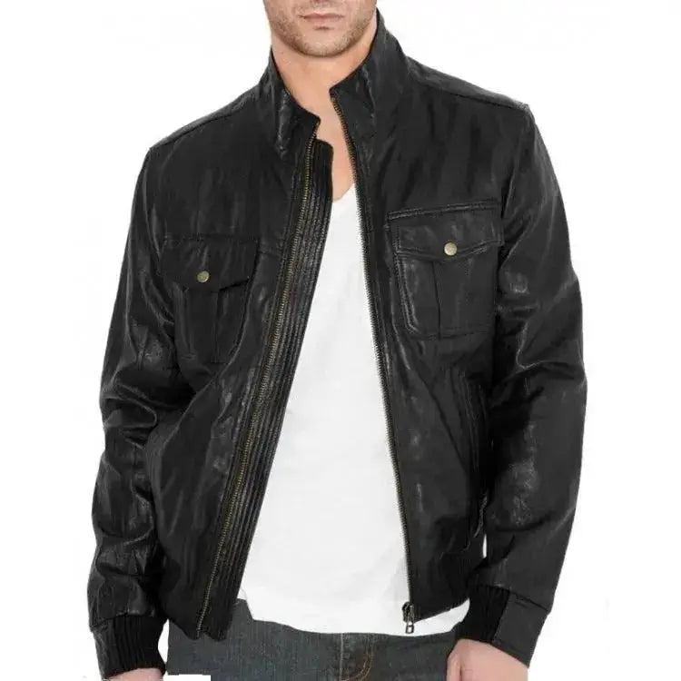 Men's Black Fitted Leather Bomber Jacket