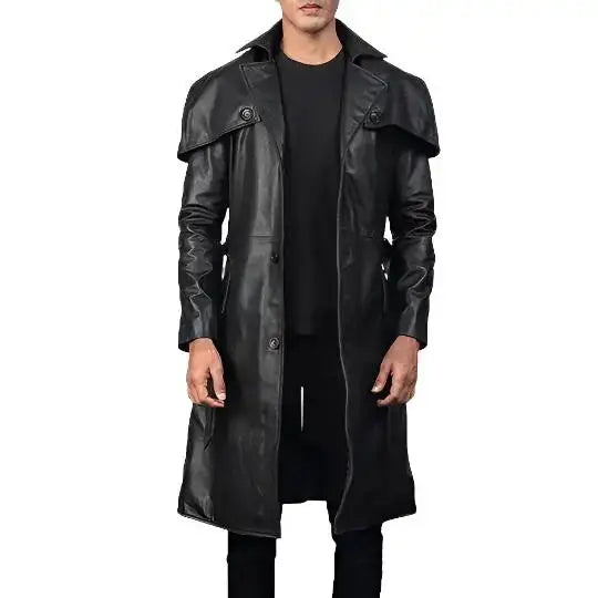 Men's Black Leather Trench Coat