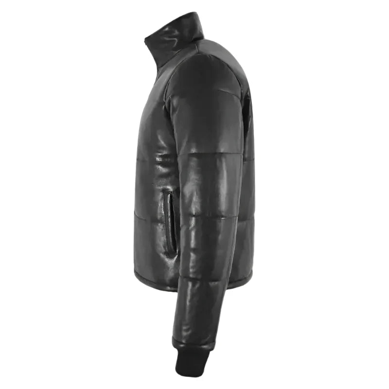 Black Real Leather Puffer Winter Jacket