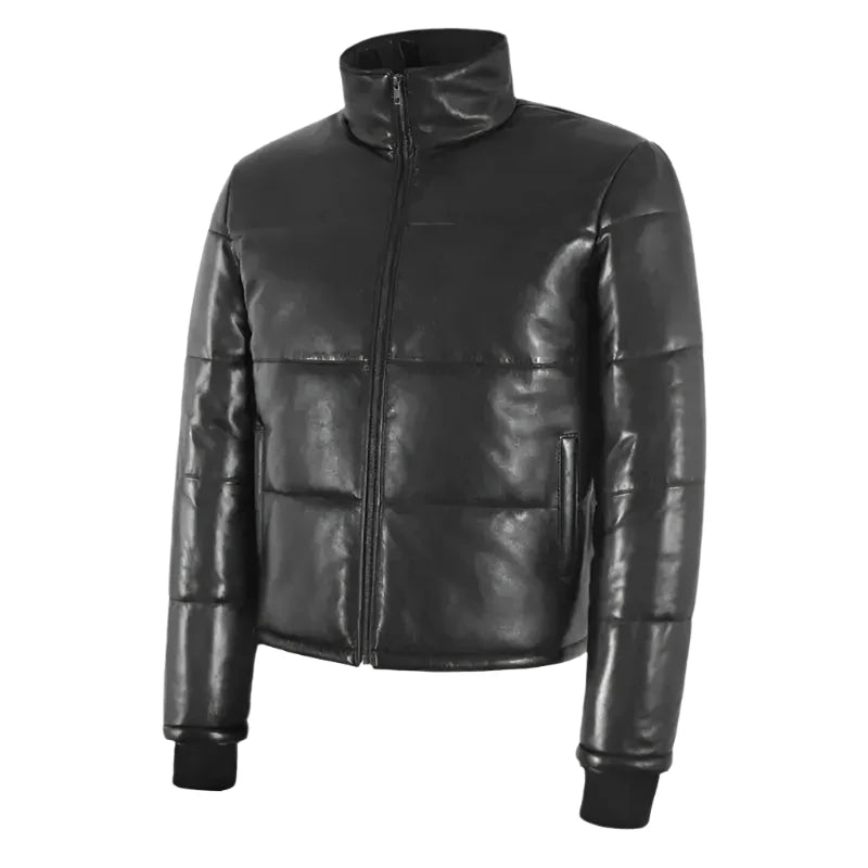 Black Real Leather Puffer Winter Jacket