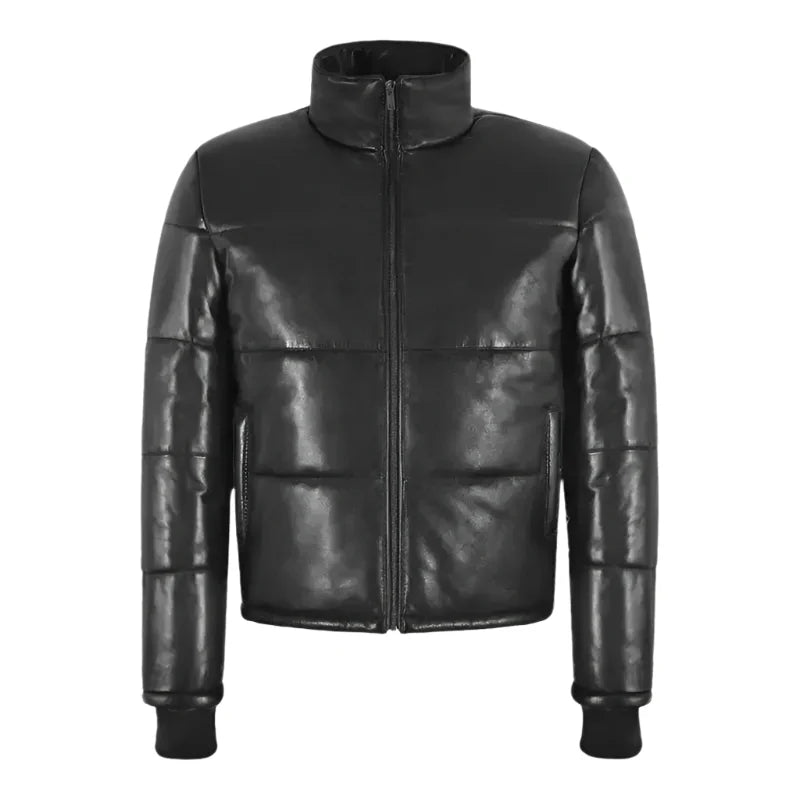 Black Real Leather Puffer Winter Jacket