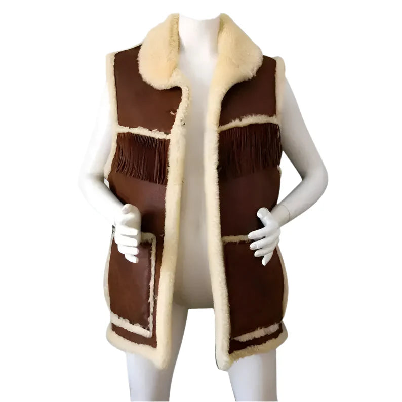 Women’s Boho Chic Brown Shearling Fringe Vest