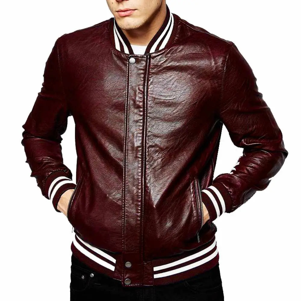 Men's Genuine Lambskin Leather Slim Fit Letterman Varsity Jacket
