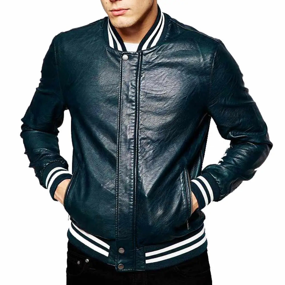 Men's Genuine Lambskin Leather Slim Fit Letterman Varsity Jacket