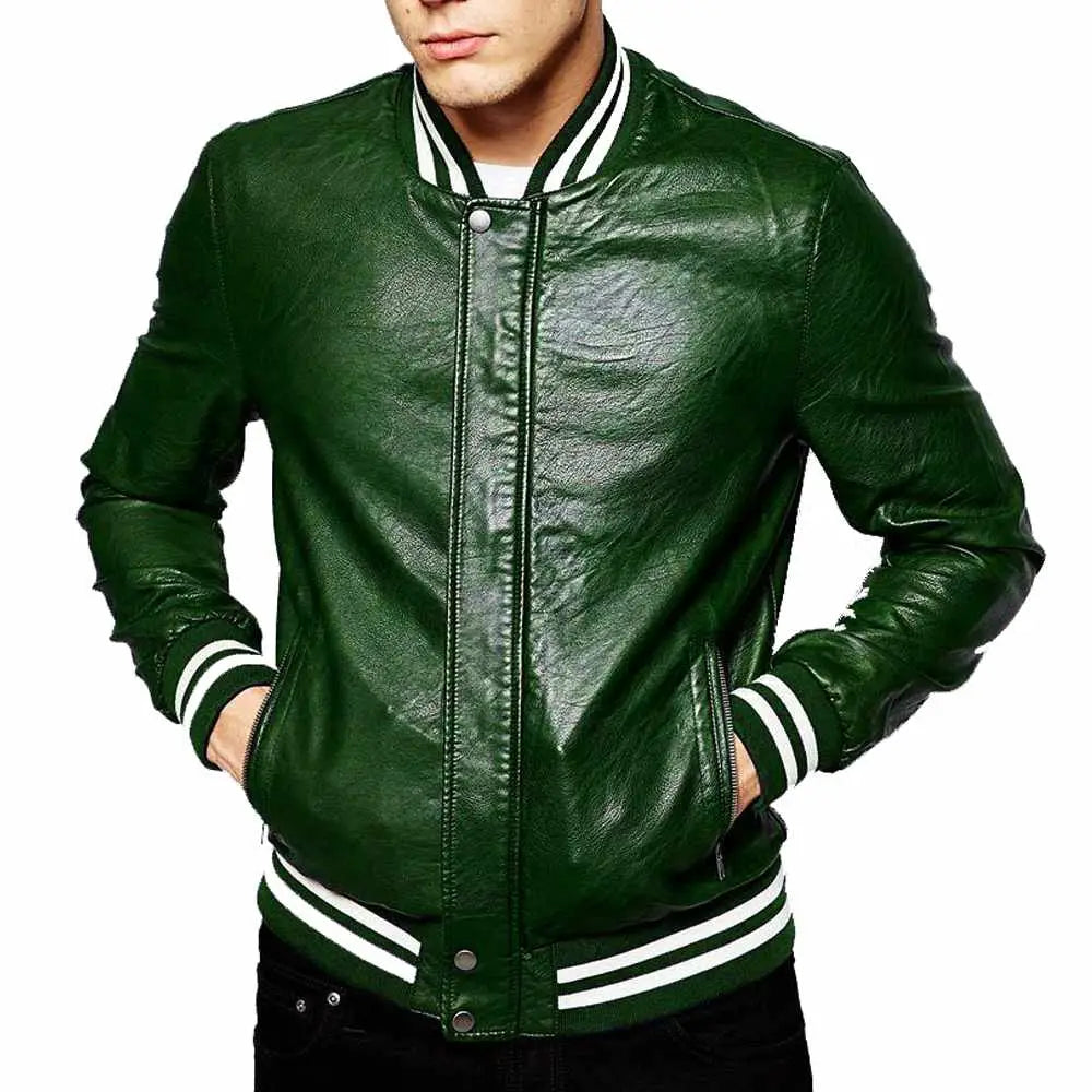 Men's Genuine Lambskin Leather Slim Fit Letterman Varsity Jacket