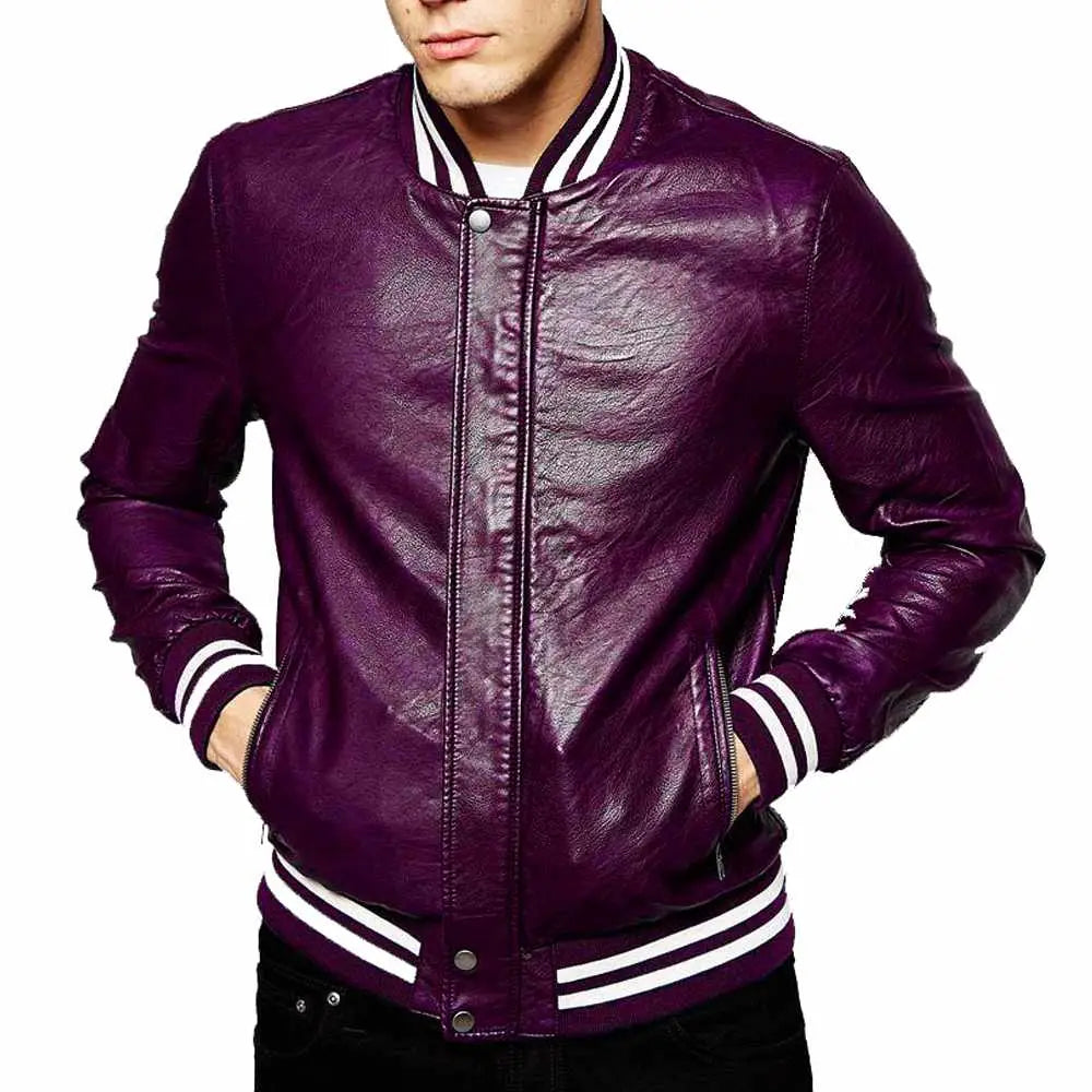 Men's Genuine Lambskin Leather Slim Fit Letterman Varsity Jacket