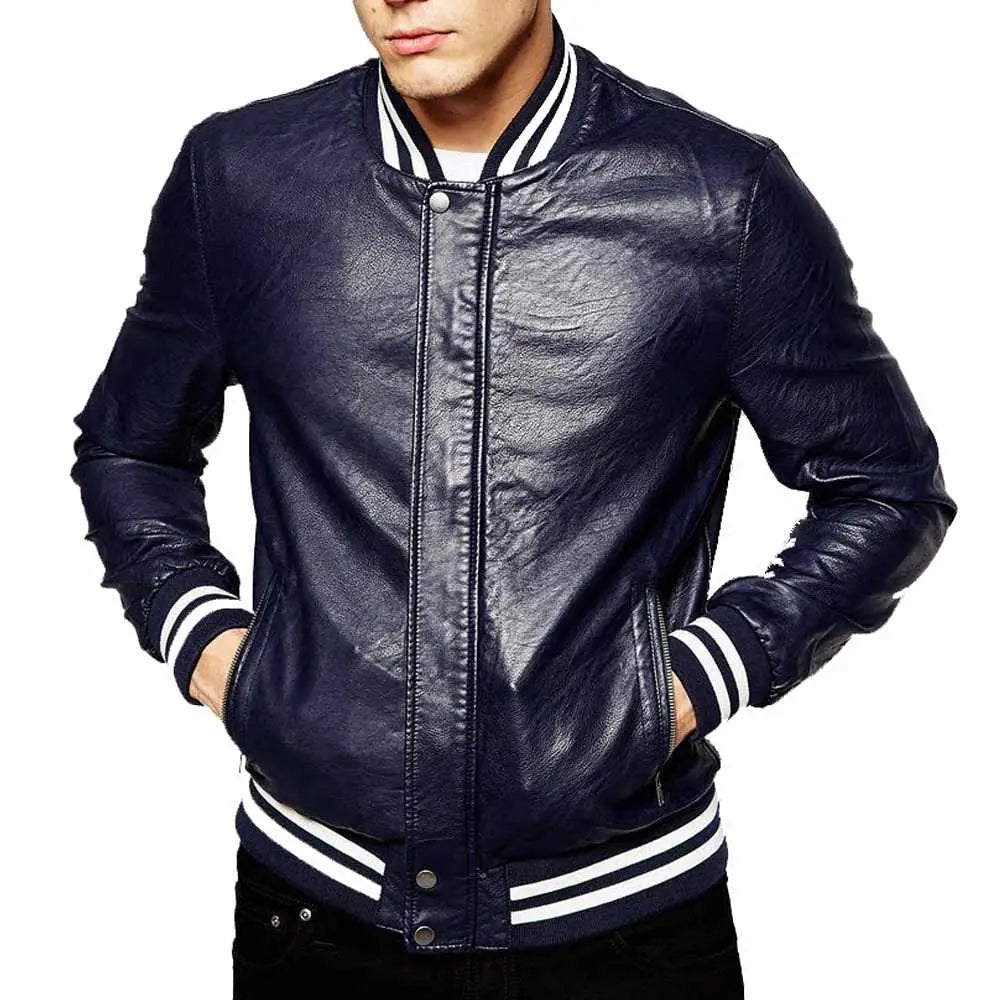 Men's Genuine Lambskin Leather Slim Fit Letterman Varsity Jacket