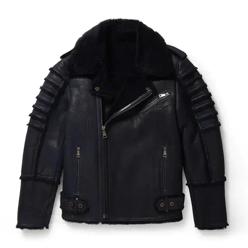 Men’s Black Aviator Sheepskin Moto Shearling Leather Jacket