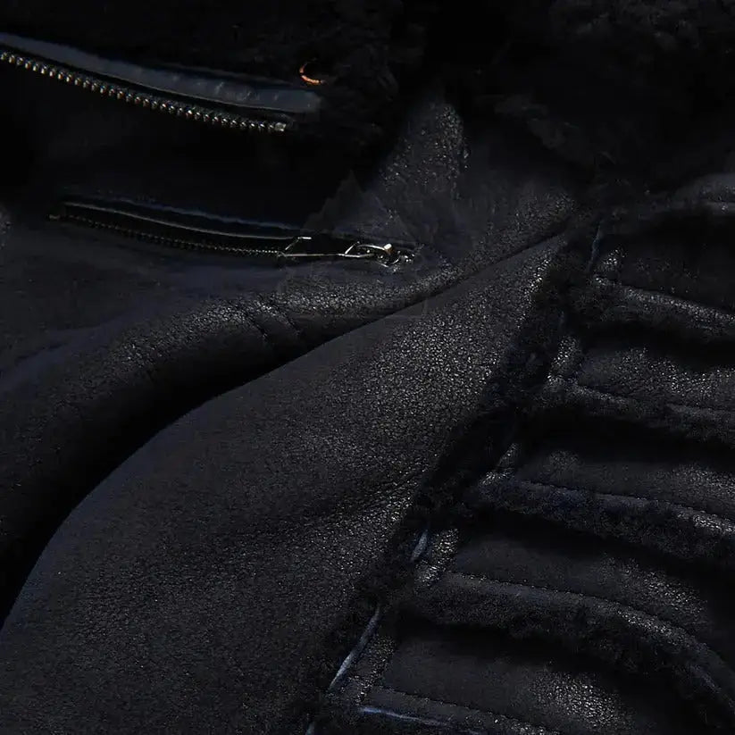 Men’s Black Aviator Sheepskin Moto Shearling Leather Jacket