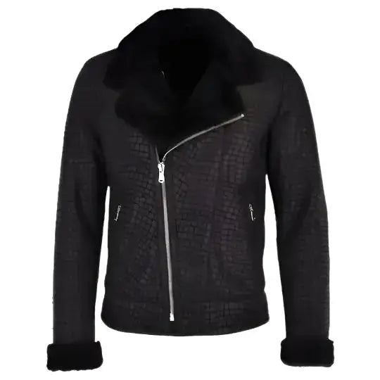Men's Black Crocodile-Print Sheepskin Coat