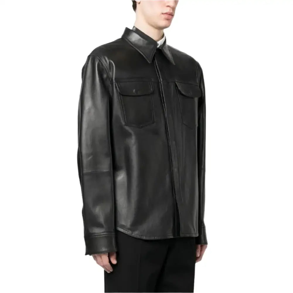Men's Black Lambskin Leather Shirt with Chest Pocket