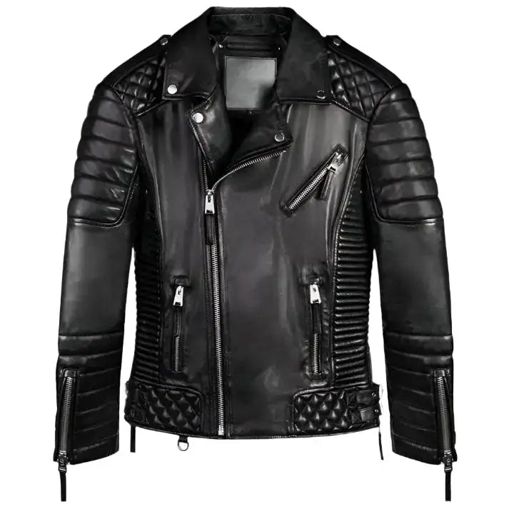 Men's Black Studded Quilted Biker Leather Motorcycle Jacket