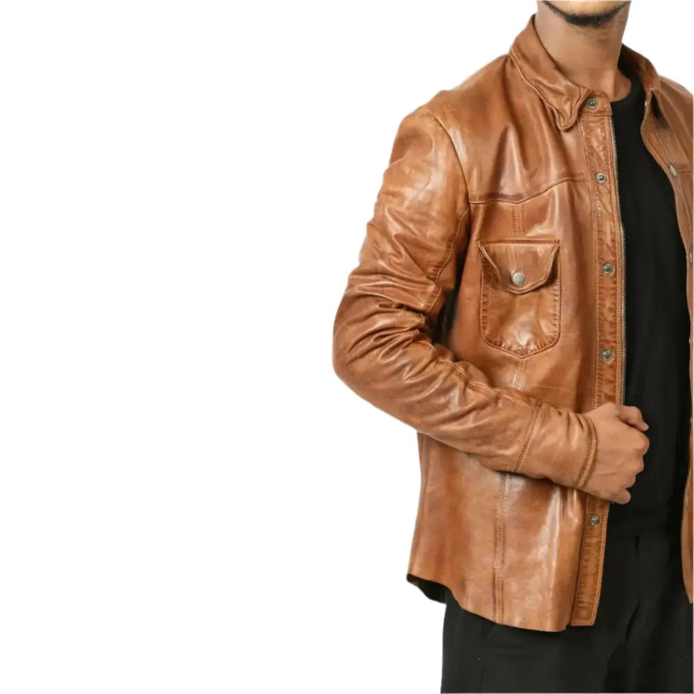 Mens Brown Lambskin Leather Biker Shirt