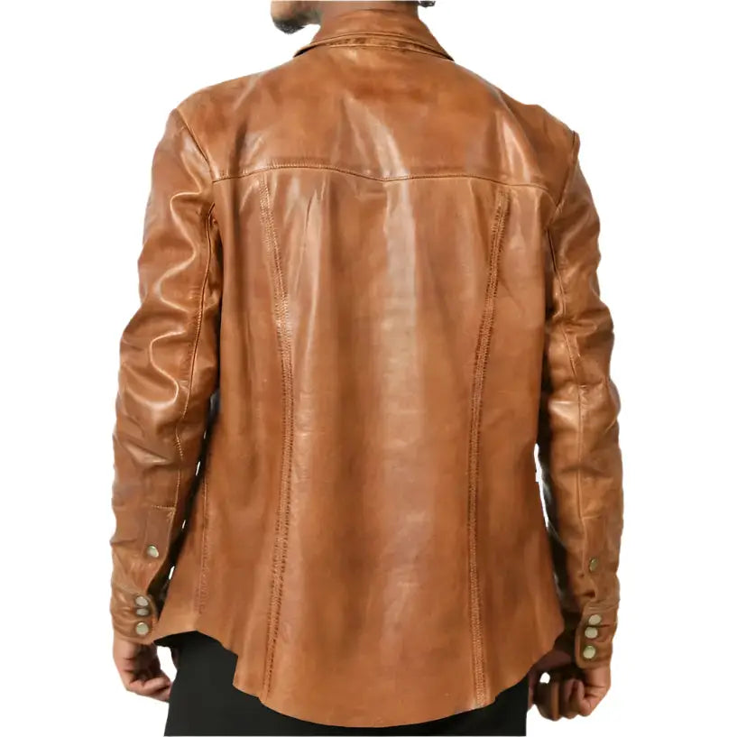 Mens Brown Lambskin Leather Biker Shirt