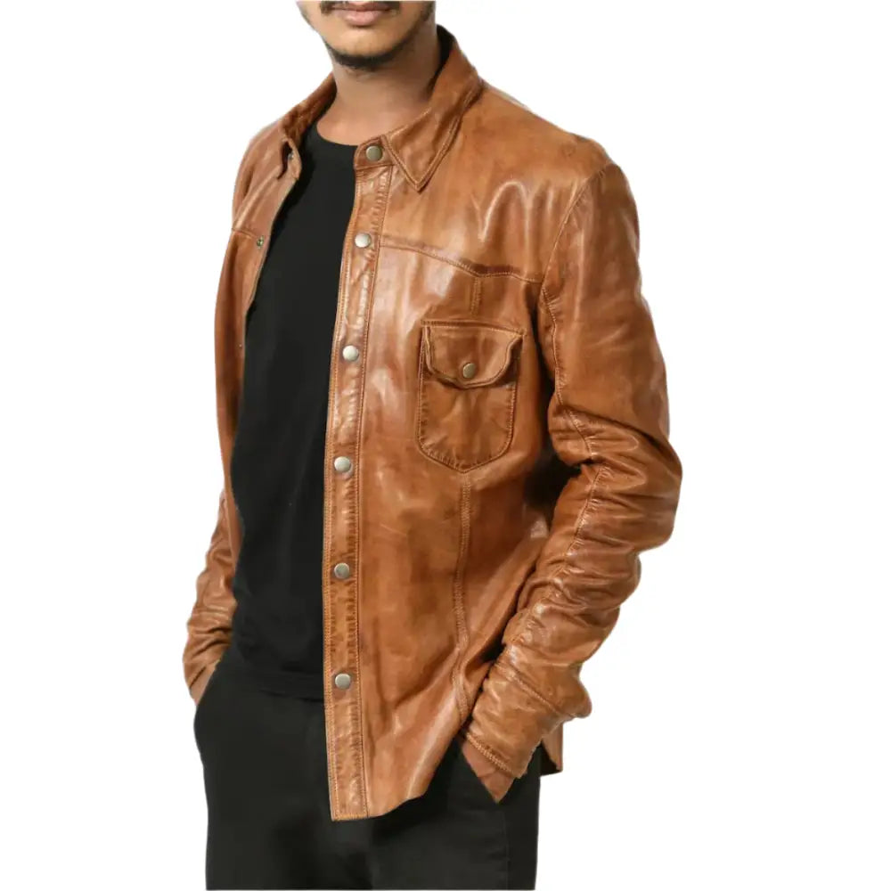 Mens Brown Lambskin Leather Biker Shirt