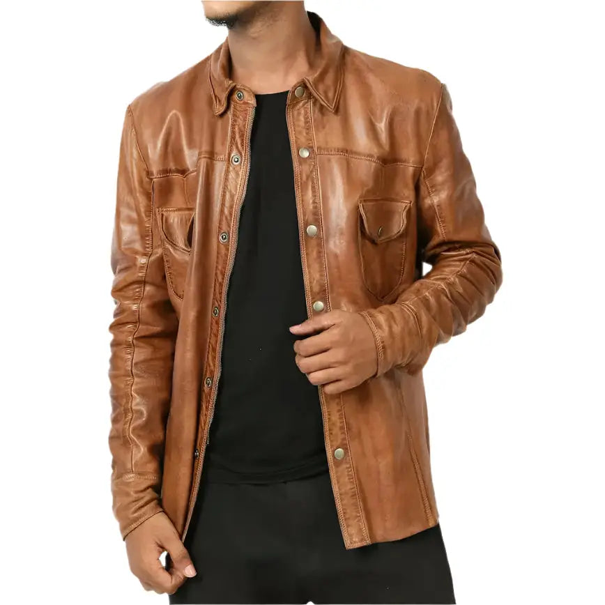 Mens Brown Lambskin Leather Biker Shirt