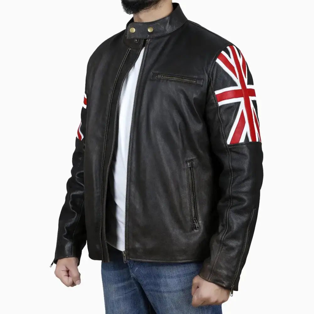 Mens Brown Leather Jacket with UK Flag Appliqué