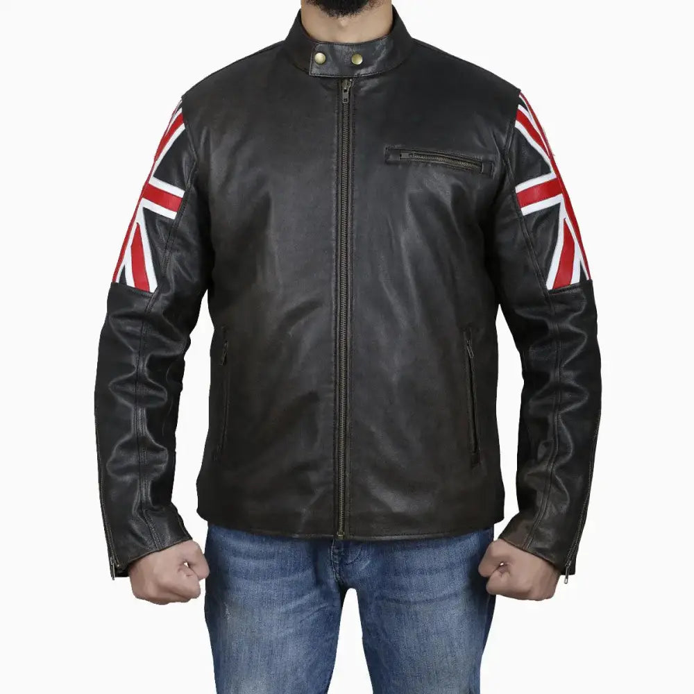 Mens Brown Leather Jacket with UK Flag Appliqué
