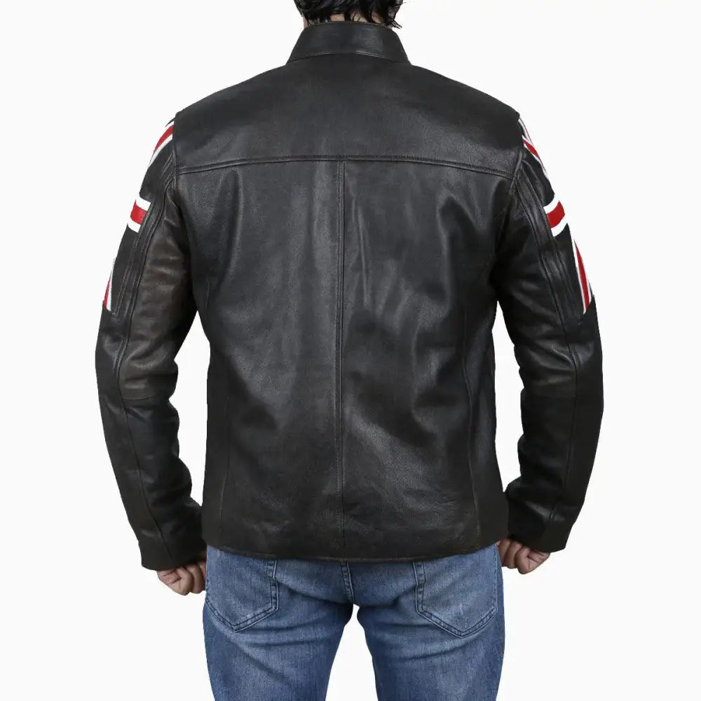 Mens Brown Leather Jacket with UK Flag Appliqué