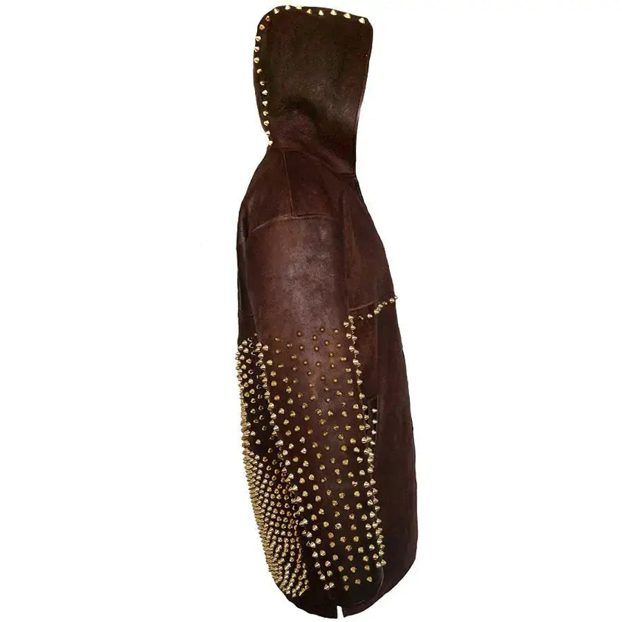 Men’s Burgundy Leather Jacket with Metallic Studded Back, Zipper & Belted Detail