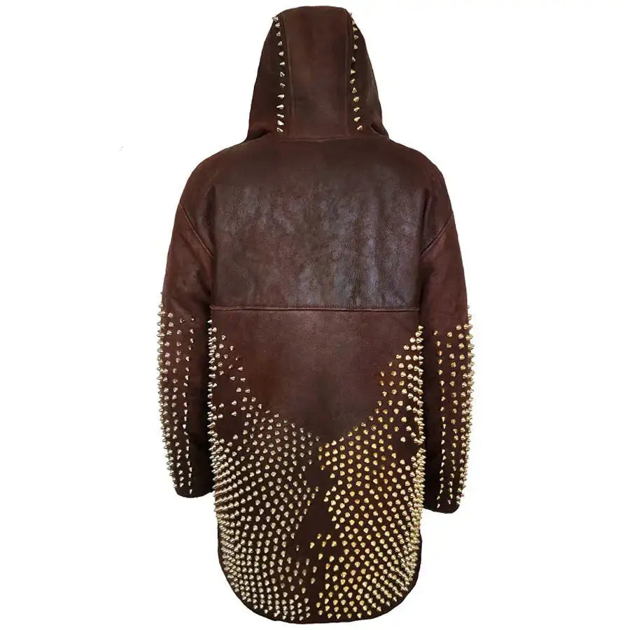 Men’s Burgundy Leather Jacket with Metallic Studded Back, Zipper & Belted Detail
