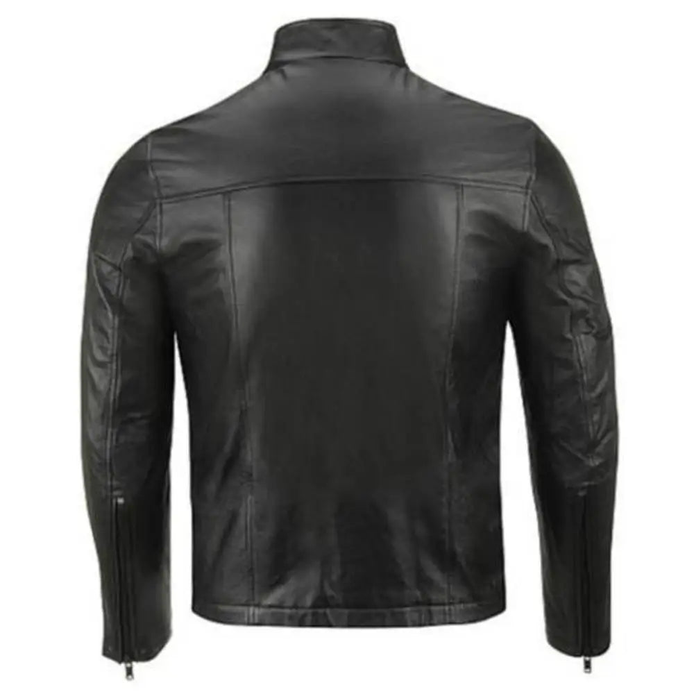 Men's Classic Motorcycle Leather Jacket with Yellow Stripes