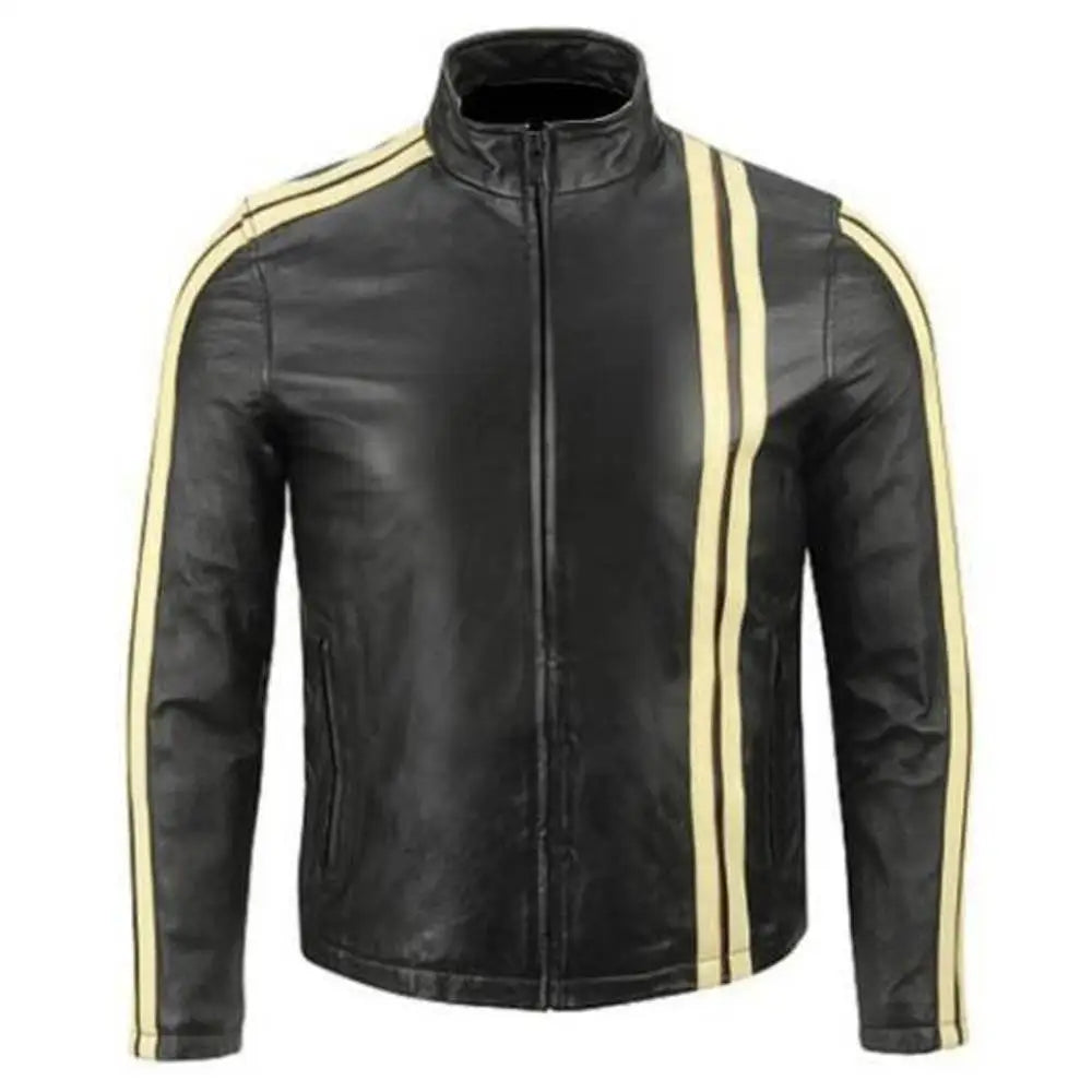 Men's Classic Motorcycle Leather Jacket with Yellow Stripes