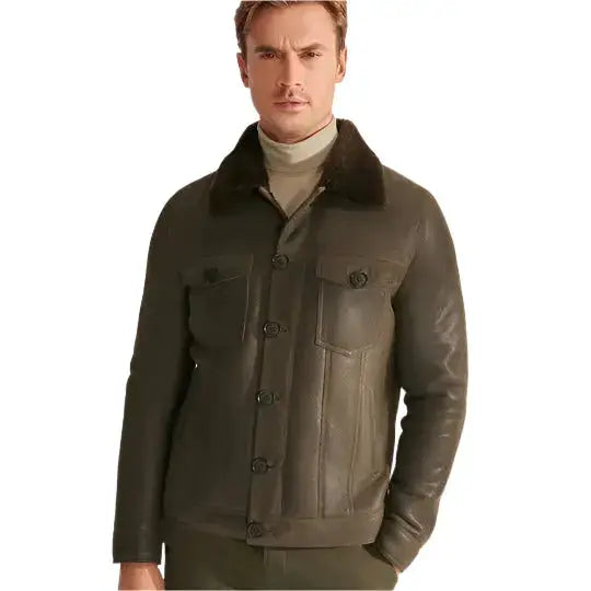 Men's Green Sheepskin Aviator Jacket