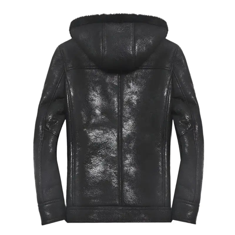 Men's Hooded Sheepskin Winter Coat with Faux Fur