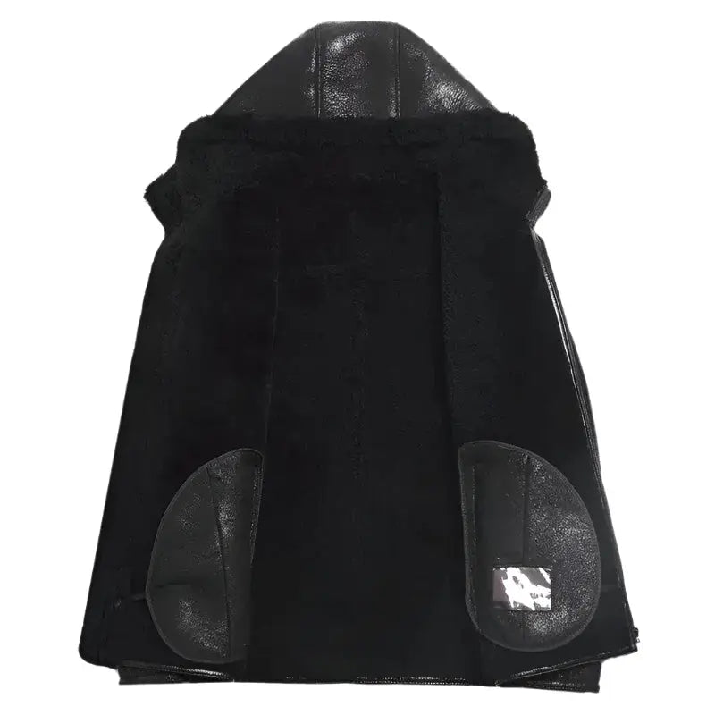 Men's Hooded Sheepskin Winter Coat with Faux Fur