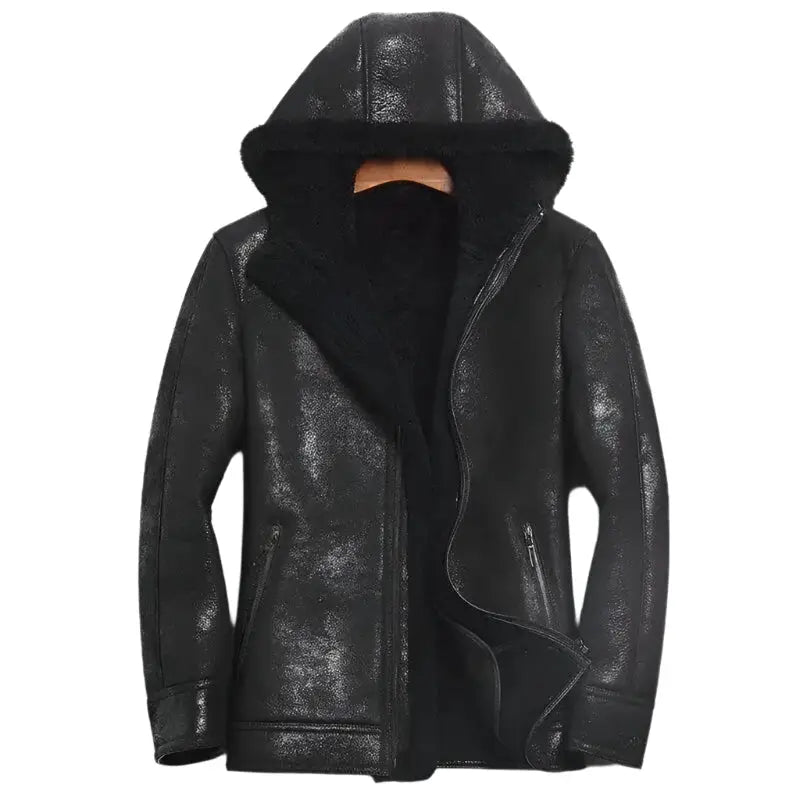Men's Hooded Sheepskin Winter Coat with Faux Fur