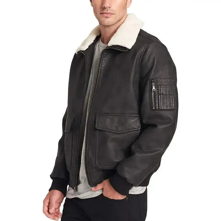 Mens Leather Aviator Bomber Jacket