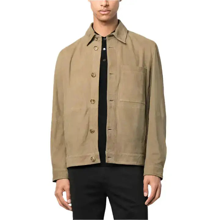 Men's Light Olive Green Suede Leather Shirt