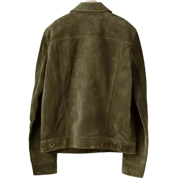 Men's Olive Suede Leather Snap Shirt Jacket