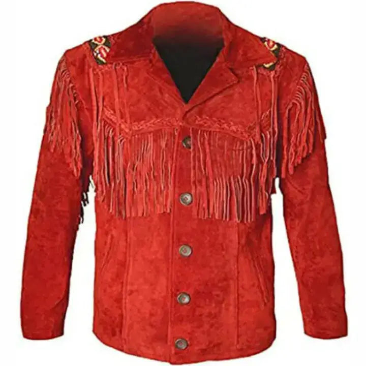 Men's Red Leather Fringe Cowboy Jacket