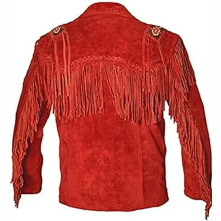 Men's Red Leather Fringe Cowboy Jacket