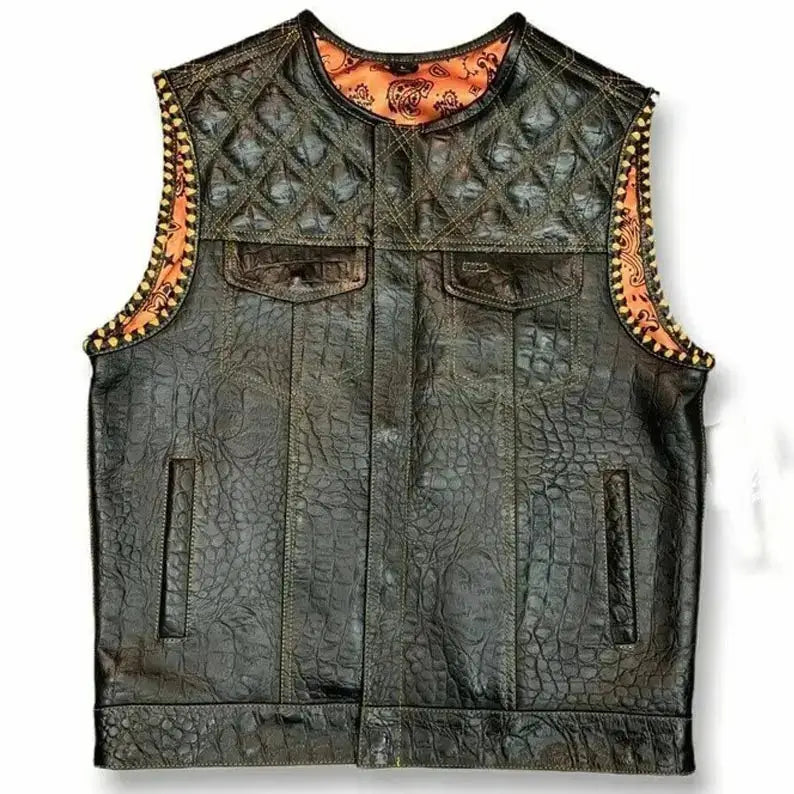 Men's Snake Yellow Diamond Quilted Biker Vest