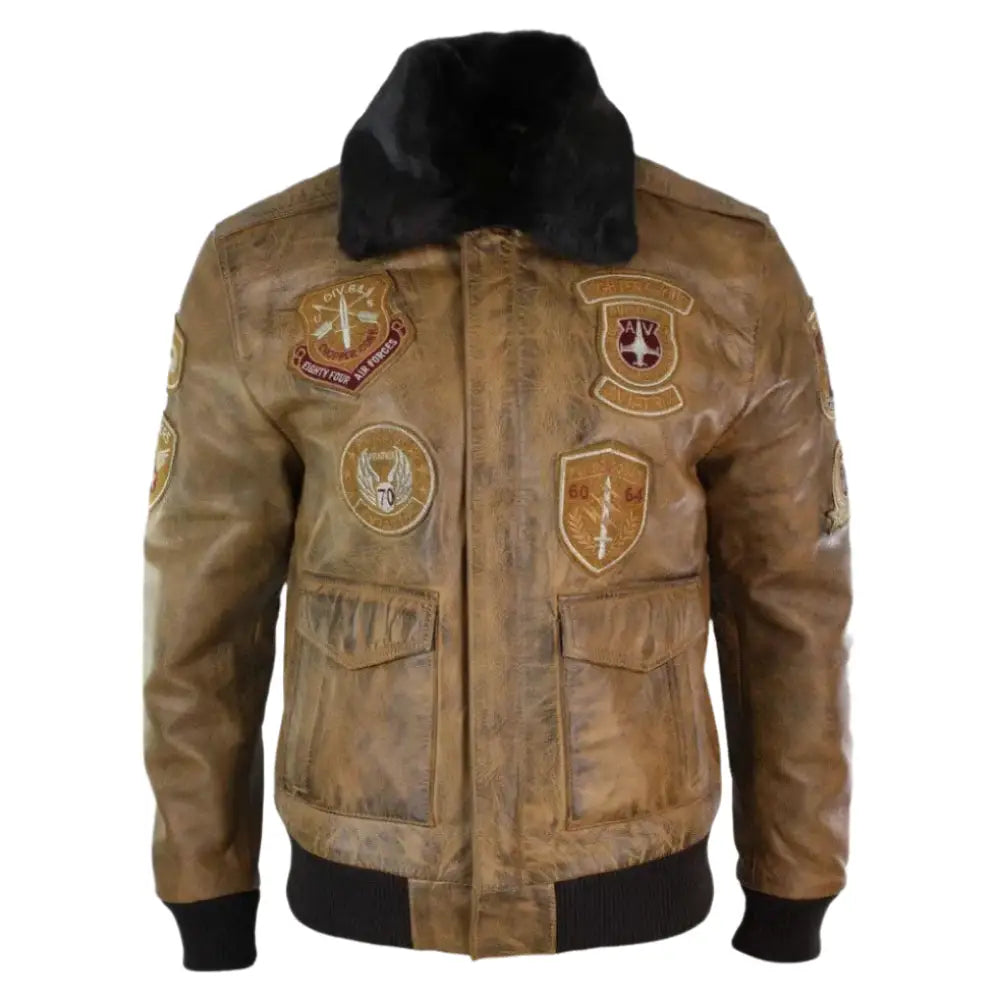 Men’s Vintage Tan Aviator Bomber Jacket with Removable Black Fur