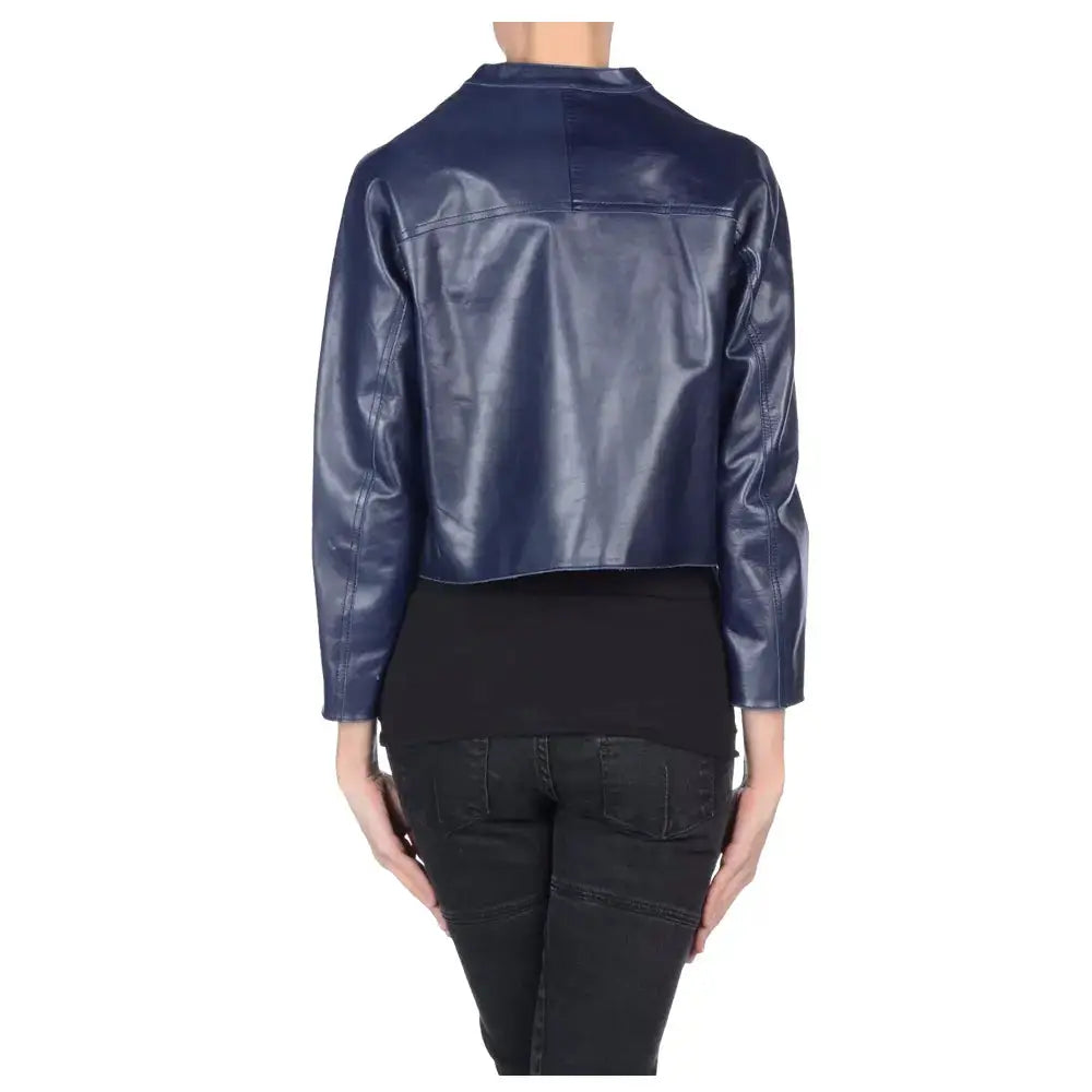 Women's Navy Blue Leather Biker Jacket