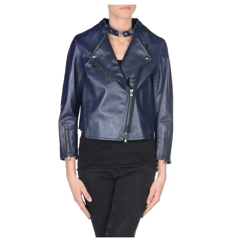 Women's Navy Blue Leather Biker Jacket