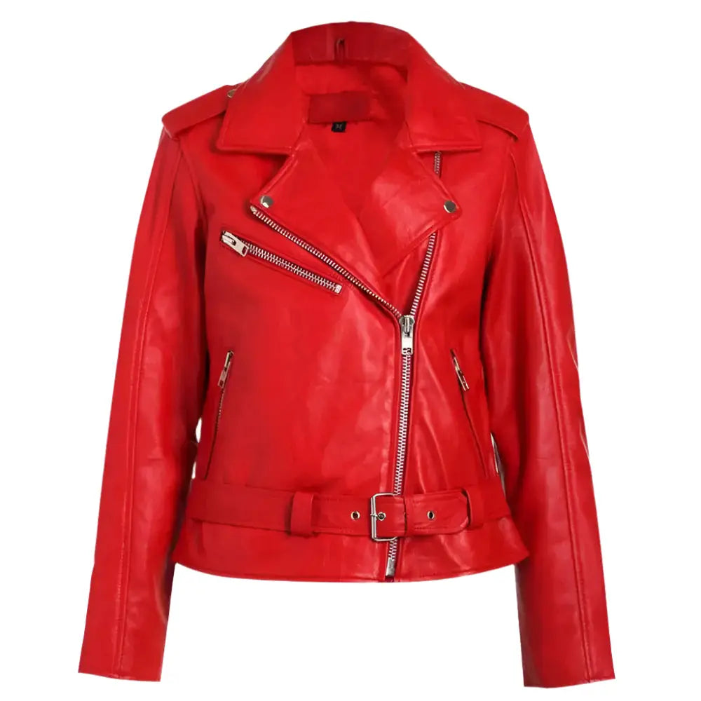 Women's Red Leather Biker Jacket
