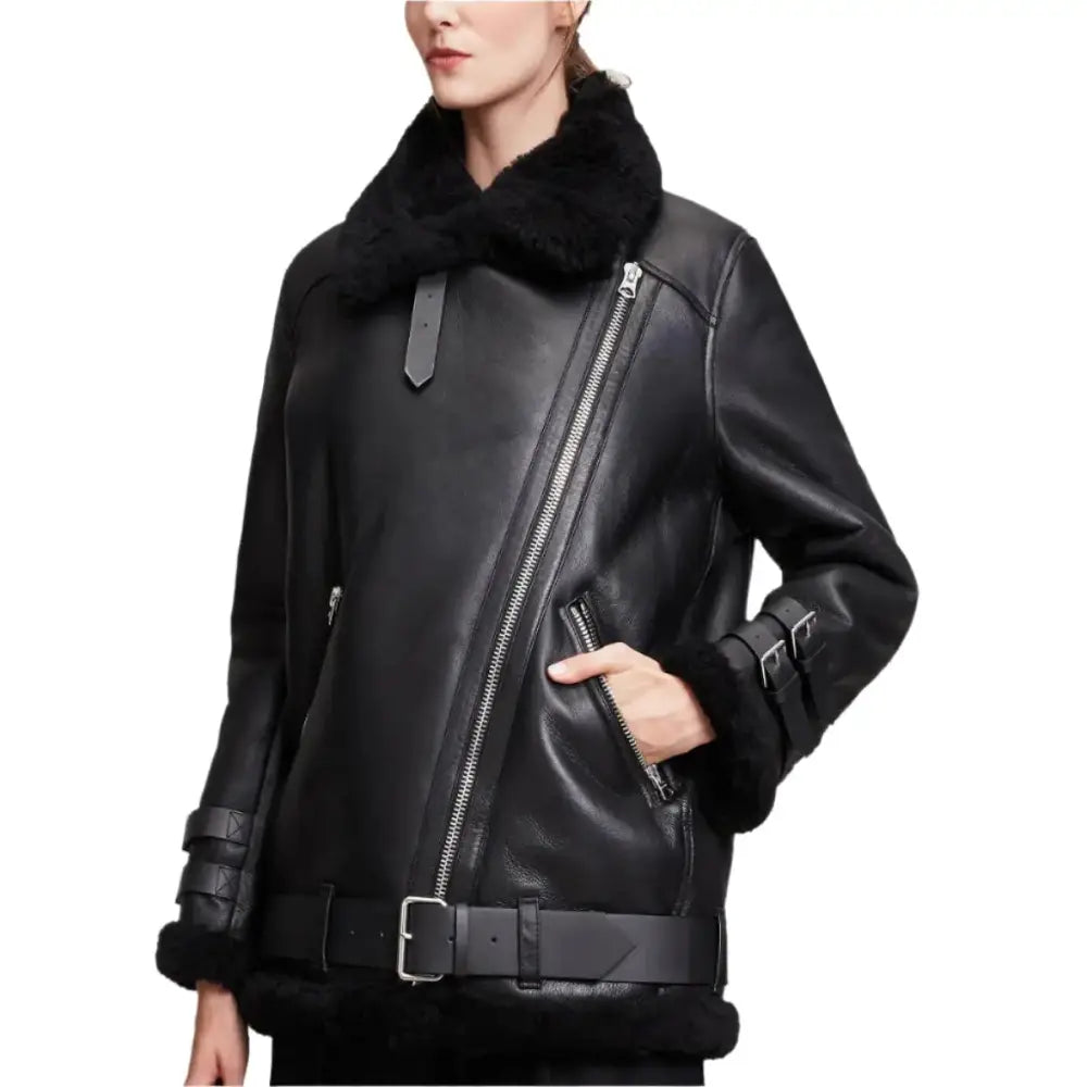 Women's Black Leather B3 Bomber Jacket