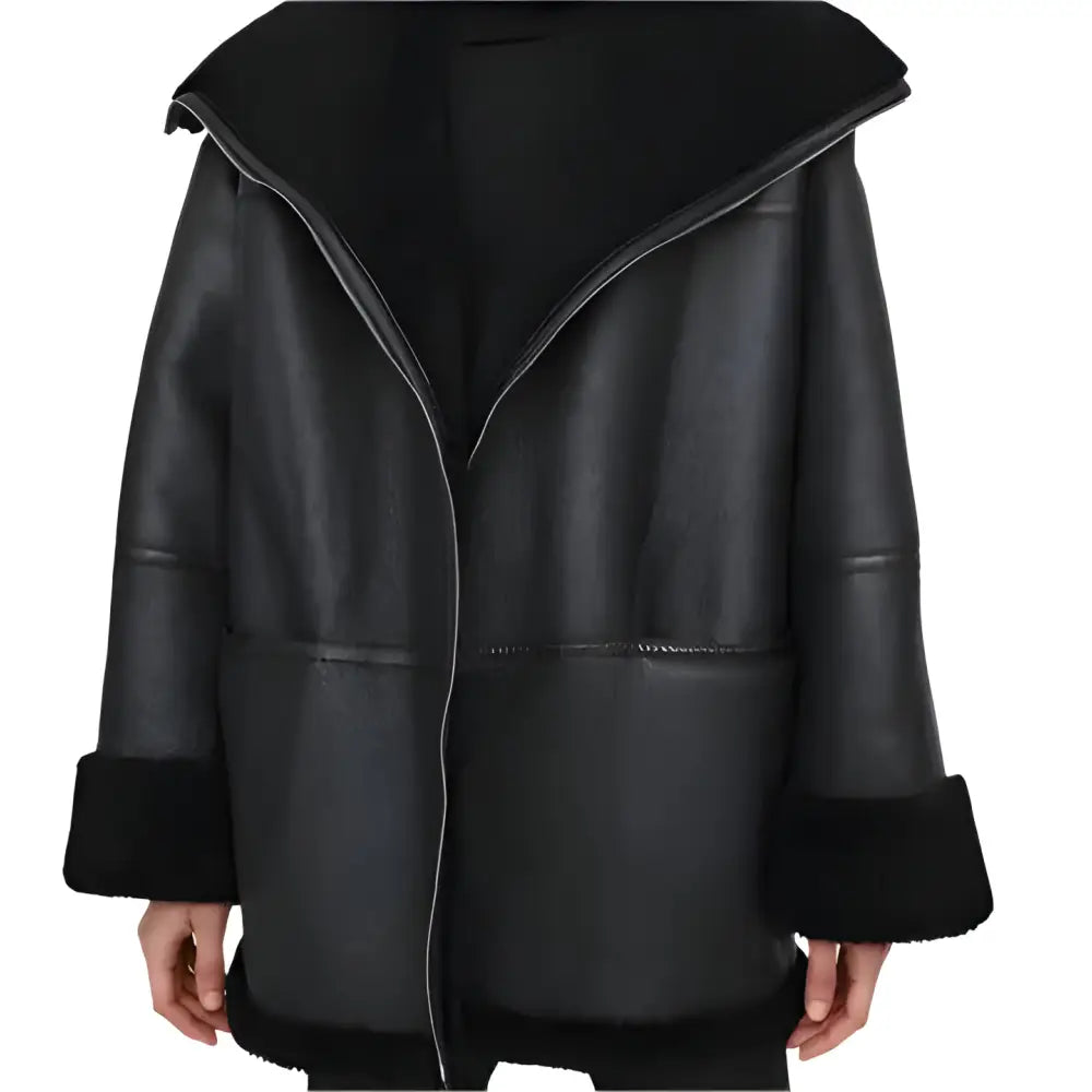 Women's Black Oversized Shearling Leather Jacket