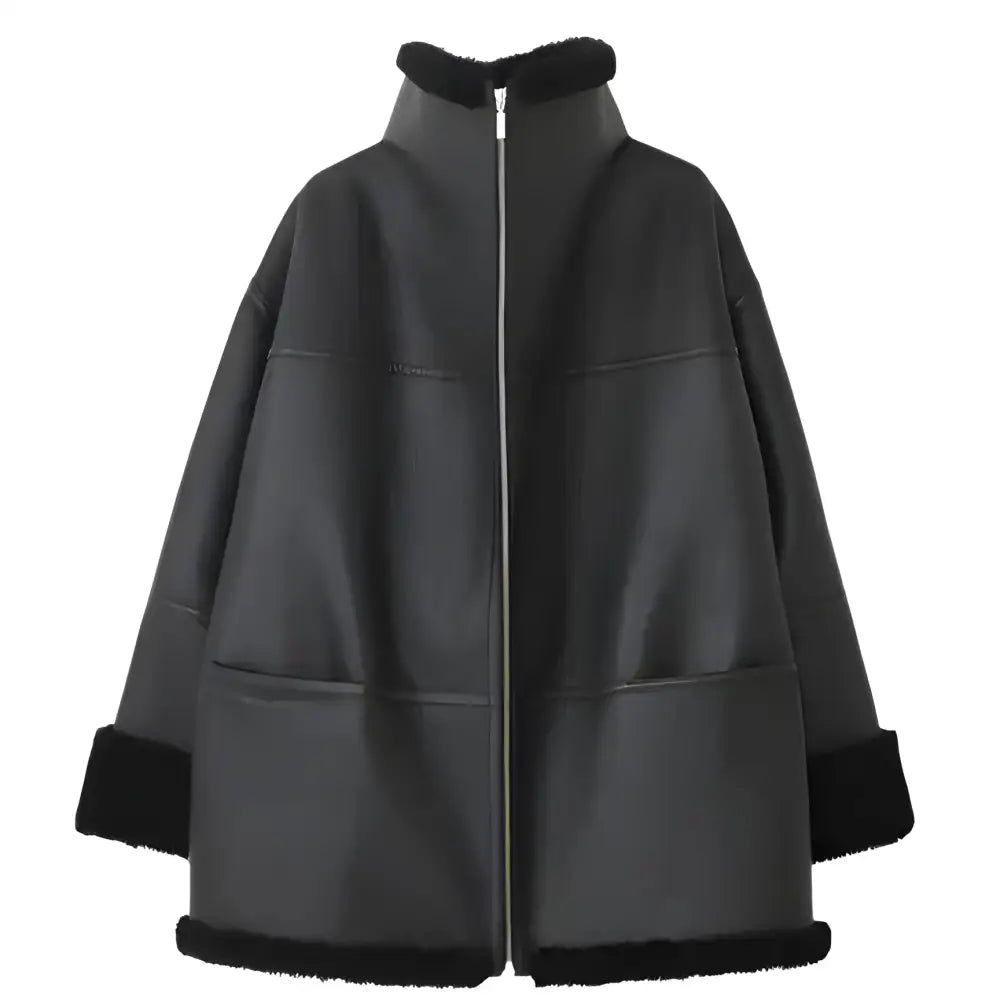 Women's Black Oversized Shearling Leather Jacket