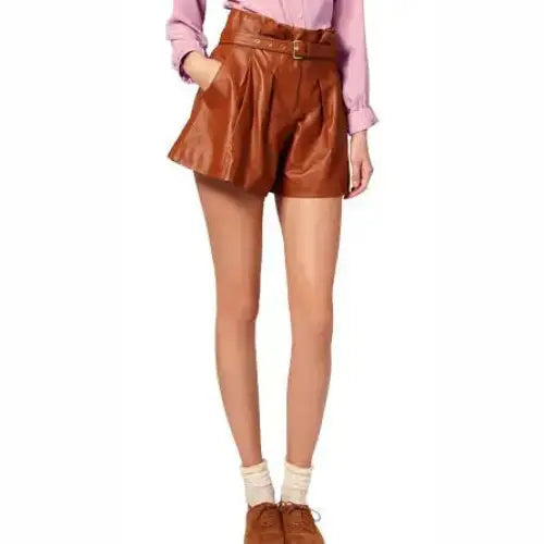 Women’s Camel Genuine Lamb Leather Belted Paper Bag Waist Shorts