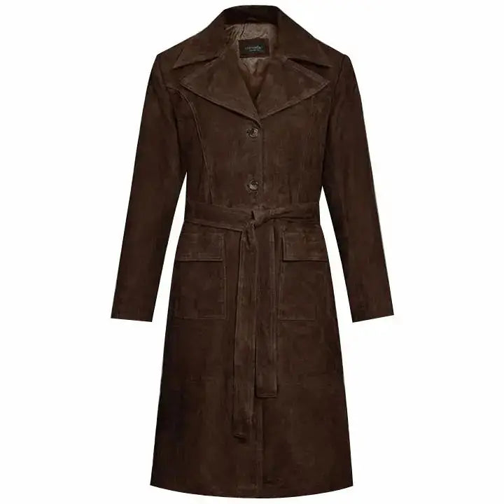 Women’s Dark Brown RAF Aviator Suede Leather Trench Coat