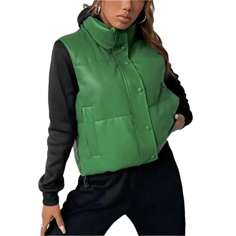 Women's Green Puffer Leather Vest