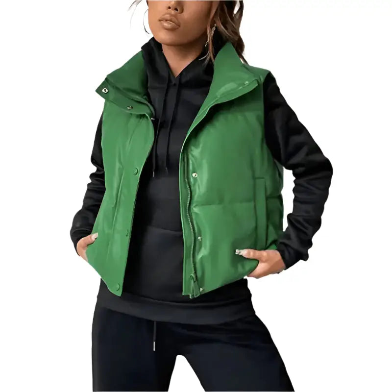 Women's Green Puffer Leather Vest