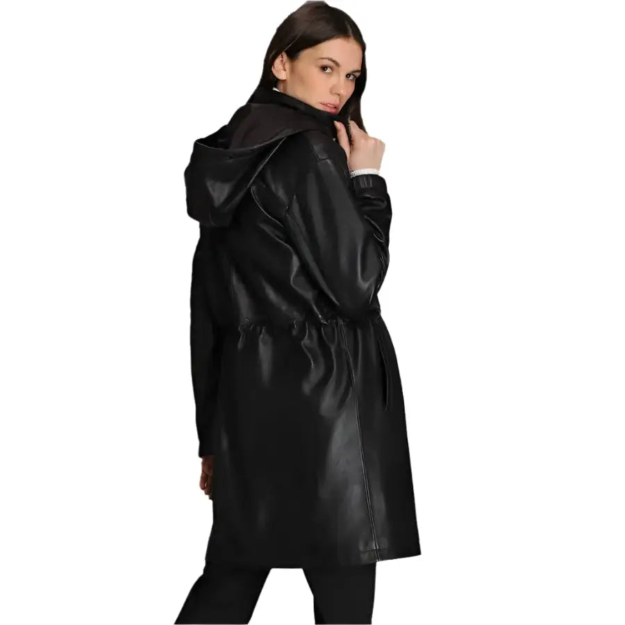 Women’s Hooded Black Lamb Leather Coat with Zip Front